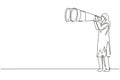 Single continuous line drawing happy Arab tourist woman looking through big binoculars far ahead. Young lady is traveling with