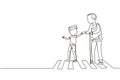 Single continuous line drawing happy boy helps grandfather cross road. Courteous kind kid taking old man across road, holding hand