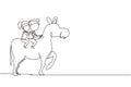 Single continuous line drawing happy cute boy and girl riding donkey together. Children sitting on back donkey with saddle in