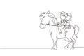 Single continuous line drawing happy cute boy and girl riding horse together. Children sitting on back horse with saddle in ranch Royalty Free Stock Photo