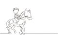 Single continuous line drawing happy cute boy riding cute horse. Child sitting on back horse with saddle in ranch park. Kids Royalty Free Stock Photo