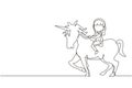 Single continuous line drawing happy cute girl riding cute unicorn. Child sitting on back unicorn in fairy tale dream. Kids