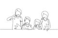 Single continuous line drawing happy family brushing their teeth together before bedtime. Routine habits for cleanliness and