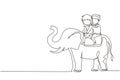 Single continuous line drawing happy little boy and girl riding elephant together. Children sitting on back elephant and