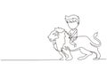 Single continuous line drawing happy little boy riding lion. Child sitting on back big lion at circus event. Kid learning to ride