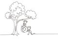 Single continuous line drawing happy two boys playing tire swing under tree. Cute kids swinging on tire hanging from tree.