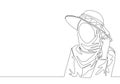 Single continuous line drawing of happy young cute muslimah wear headscarf with hat and pose nicely. Beauty Asian woman model in Royalty Free Stock Photo