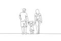 Single continuous line drawing of happy young father and mother lead their daughter walking together, holding her hands. Happy