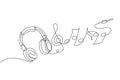 Single continuous line drawing headphones. Music gadget and note. Audio headphone outline sketch. Lineart vector concept of