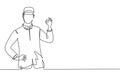 Single continuous line drawing hotel doorman in neat uniform with gesture okay. Serve guests friendly and warm manner.