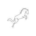 Single continuous line drawing of jumping elegant horse company logo identity. Strong mustang mammal animal icon concept. Trendy Royalty Free Stock Photo