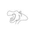 Single continuous line drawing of large cute hippopotamus for safari zoo logo identity. Huge friendly hippo animal mascot concept