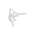 Single continuous line drawing of large marlin for marine company logo identity. Jumping swordfish mascot concept for fishing