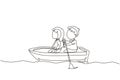 Single continuous line drawing little boy and girl riding on boat together. Kids riding on wooden boat at river. Kids rowing boat Royalty Free Stock Photo