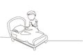 Single continuous line drawing little boy making the bed. Kids doing housework chores at home concept. Kids routine after waking