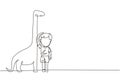 Single continuous line drawing little boy measuring his height with brontosaurus height chart on wall. Kid measures growth. Child Royalty Free Stock Photo