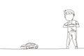 Single continuous line drawing little boy playing with remote-controlled car. Cute kids playing with electronic toy car with Royalty Free Stock Photo