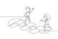 Single continuous line drawing little girl and boy playing hopscotch at kindergarten yard. Happy kids hopping at playground. Hop