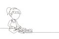 Single continuous line drawing little girl is cutting carrot and other fresh vegetables. Smiling child is enjoying cooking at home Royalty Free Stock Photo