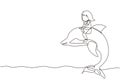 Single continuous line drawing little girl riding dolphin. Young kid sitting on back dolphin in swimming pool. Children with Royalty Free Stock Photo