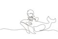 Single continuous line drawing little girl riding orca. Young kid sitting on back whale killer in swimming pool. Whale killer or Royalty Free Stock Photo