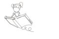 Single continuous line drawing little girl student or preschooler flying on magic book. Happy kids flying on the book. Knowledge