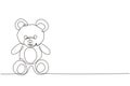 Single continuous line drawing lovely teddy bear toy. Nice and cute teddy bear plush toy. Stuffed teddy bear sitting on floor.