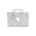 Single continuous line drawing Male office briefcase icon. Business symbol. Briefcase with lock icon. Handbag and suitcase. Swirl