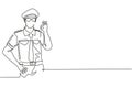 Single continuous line drawing male pilot with gesture okay and full uniform ready to fly with cabin crew in aircraft at
