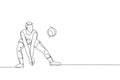 Single continuous line drawing of male young volleyball athlete player in action block the ball from opponent. Team sport concept