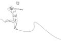 Single continuous line drawing of male young volleyball athlete player in action jumping spike on court. Team sport concept.