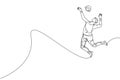 Single continuous line drawing of male young volleyball athlete player in action jumping spike on court. Team sport concept.