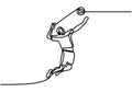 Single continuous line drawing of male young volleyball athlete player in action jumping spike on court. Vector illustration