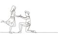 Single continuous line drawing man kneeling offering engagement ring to his girlfriend. Young guy on knees proposing girl to marry