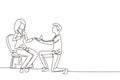 Single continuous line drawing man makes marriage proposal woman and gives ring. Happy couple getting ready for wedding. Bride and