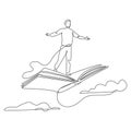 Single continuous line drawing man standing on a large flying open book. Like riding a cloud, able to fly as high as possible Royalty Free Stock Photo