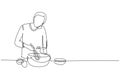 Single continuous line drawing man talks on smartphone while preparing dinner while standing in kitchen and knead cake dough using