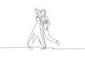 Single continuous line drawing man woman professional dancer couple dancing tango, waltz dances on dancing contest dancefloor.