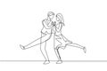 Single continuous line drawing man and woman professional dancer couple dancing tango, waltz dances on dancing contest. Romantic