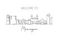 Single continuous line drawing of Managua skyline, Nicaragua. Famous city scraper landscape. World travel destination postcard