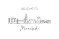 Single continuous line drawing of Marrakech city skyline, Morocco. Famous city scraper and landscape home wall decor poster print