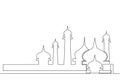 Single continuous line drawing of masjid, masjid dome and masjid tower ornament. Eid Al Fitr Mubarak and Ramadan Kareem greeting
