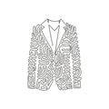 Single continuous line drawing Men formal suit. Men\'s jacket. Wedding men\'s suit, tuxedo. Clothes in business style