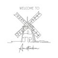 Single continuous line drawing Molen De Adriaan Windmill landmark. Beauty famous place in Netherlands. World travel home decor