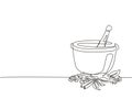 Single continuous line drawing mortar and pestle vintage line drawing. Ayurvedic medicine bowl. Herbal medicine concept. Isolated