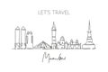 Single continuous line drawing of Mumbai city skyline, India. Famous city scraper and landscape postcard. World travel concept.