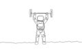 Single continuous line drawing of muscular astronaut train lifting barbell in moon surface. Bodybuilding in leisure time on outer