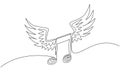 Single continuous line drawing musical notation with wings. Music symbol. Classic melody sign in flat design. Chords icon