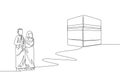 Single continuous line drawing of muslim and muslimah pilgrim walk to holy place Kaabah at Mecca, Saudi Arabia. Muslim holiday, Royalty Free Stock Photo