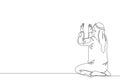 Single continuous line drawing of muslim person raise and open hands praying, from rear view. Islamic holy day Ramadan Kareem and Royalty Free Stock Photo